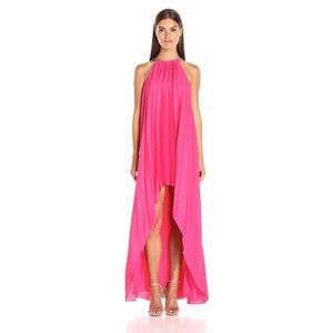 Halston Heritage Sunburst Pleat Halter Maxi Gown Chain & Hot Pink S